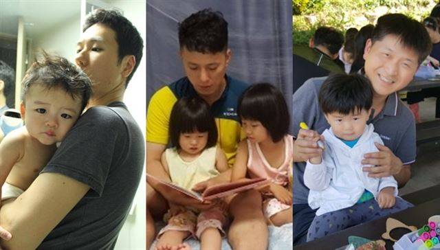 ‘워라밸’ 시대의 선구자인 ‘육아휴직한 아빠들’. 왼쪽부터 한민규(38)씨의 품에 안겨 있는 둘째 아들 이준(1), 이광국(39)씨와 책을 읽고 있는 딸 예령(5)ㆍ신비(3), 손정환(39)씨와 그림 그리기 놀이를 하고 있는 막내아들 민우(3). 한민규ㆍ이광국ㆍ손정환씨 제공