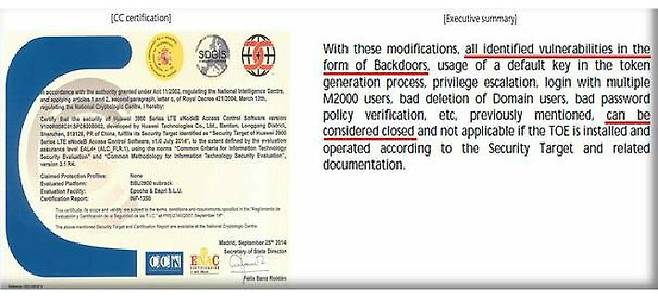 국제 CC인증은 기지국 S/W의 Source code를 검사하여 제시된 기능 이외의 기능이 있는지 여부를 분석 Tool을 통해 백도어가 없음을 확인