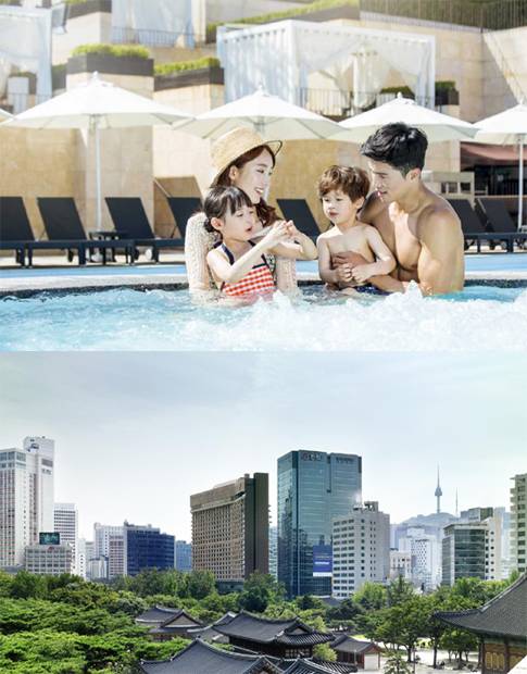 (위부터)반얀트리 서울 오아시스 수영장 온수풀, 덕수궁에서 바라본 더 플라자 전경./사진제공=반얀트리 서울, 한화호텔앤드리조트