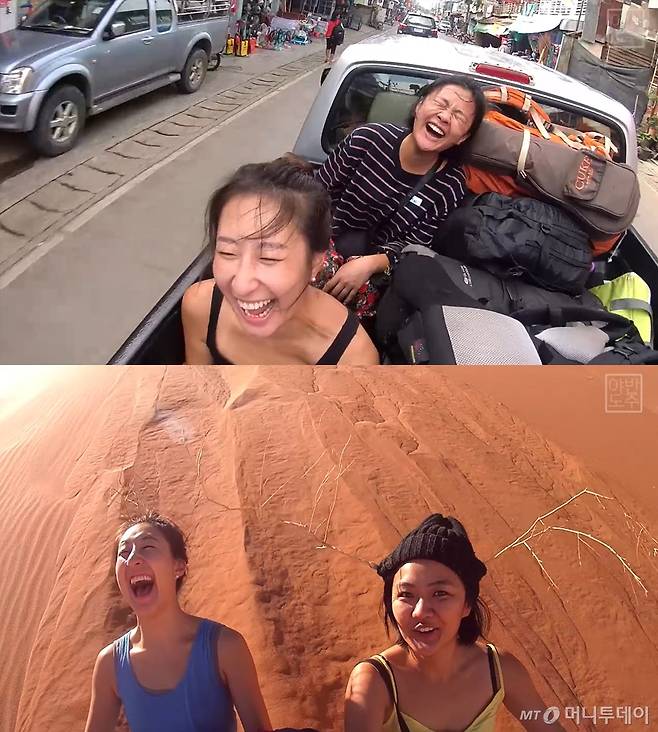 달리는 트럭 위와 사막에서 온몸으로 여행을 만끽하고 있는 위경은(왼쪽), 김연우씨. 굉장히 신나 보인다./사진 제공=김연우, 위경은씨