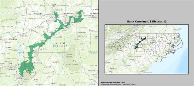노스캐롤라이나 주 제12선거구(2013년~2017년)의 게리맨더링  출처: http://nationalatlas.gov