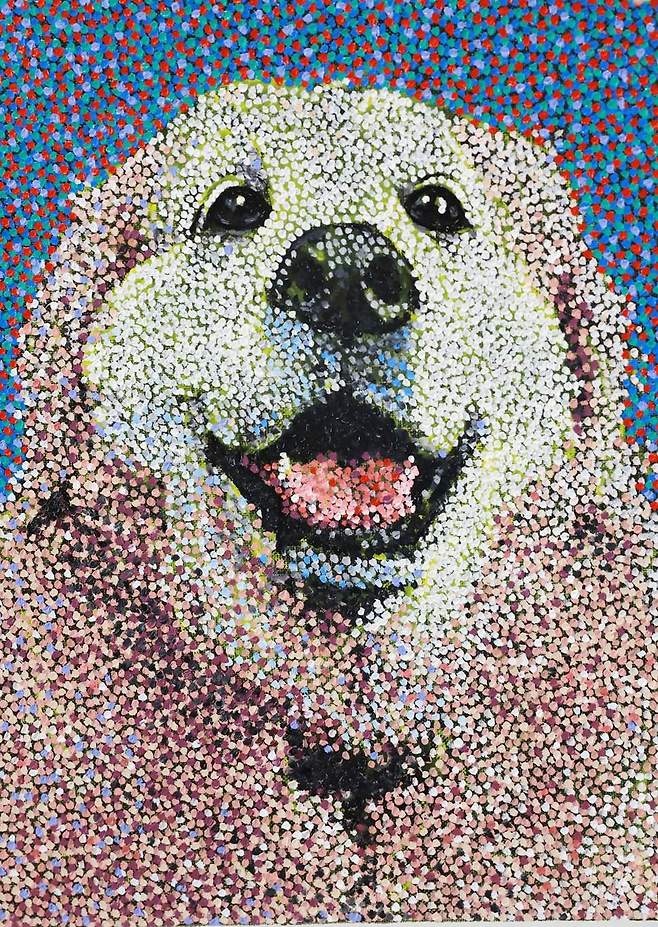 김주철 화백이 2014년 완성한 ‘복실이’. 캔버스에 유화로 그린 점묘화다.