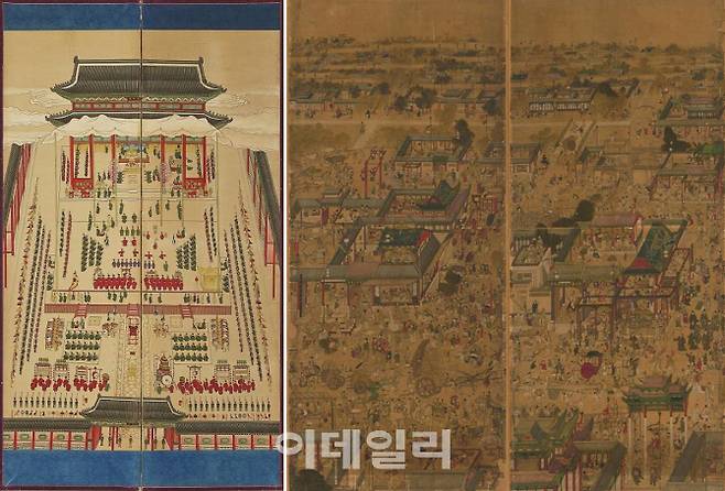 ‘고종임인진연도8폭병풍’ 부분(1902·비단에 채색·오른쪽 두 폭)과 ‘태평성시도8폭병풍’ 부분(18세기말∼19세기초·비단에 채색·가운데 두 폭). 1902년 고종의 망육순(51세)과 즉위 40주년을 기념한 궁중행사를 묘사한 ‘고종임인진연도’가 존폐기로에 선 한 나라의 절박함을 묻혀 냈다면, ‘태평성시도’는 18세기 말 생산과 소비, 유흥이 폭발하는 듯한 상업적 번성기를 2100여명의 등장인물로 표현했다(소장=아모레퍼시픽미술관·국립중앙박물관, 사진=아모레퍼시픽미술관).