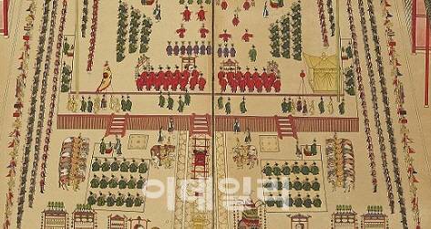 ‘고종임인진연도8폭병풍’의 부분. 오른쪽으로 서양식 제복을 입고 도열한 신식군대가, 왼쪽으로 당시 제작했을 ‘태극기’가 보인다(사진=오현주 문화전문기자).