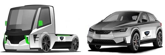 새안이 개발하고 있는 전기트럭Saean-T1(왼쪽), SUV차량Saean SUV-1.