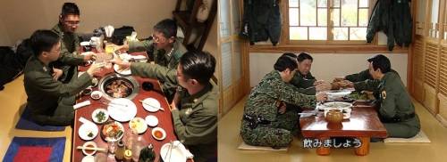 군부내 사조직 하나회 코스프레(사진 왼쪽)와 드라마 제5공화국 장면. 출처=트위터 캡쳐.