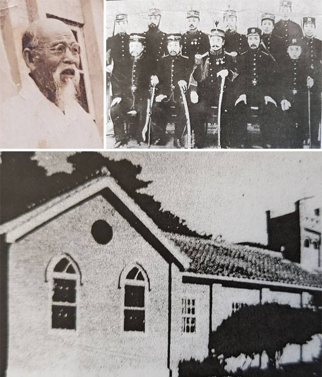 독립운동가 유봉진 선생(위쪽에서 왼쪽 사진)은 강화진위대 군인 출신으로 1907년 ‘정미의병’에서 항일투쟁을 벌인 데 이어 1919년 3월  강화도에서 3·1만세운동을 이끌었다. 위쪽에서 오른쪽 사진은 1905년 강화진위대 장교들의 기념사진(앞줄 가운데가 참령 이동휘)이고, 아래쪽 사진은 독립선언서를 인쇄하는 등 만세운동의 중심지였던 선두교회. 이은용 씨 제공·사진연감(1969년 기독교대한감리회에서  발행)