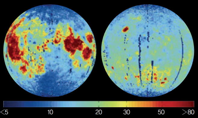 달에 매장된 헬륨-3의 지도. 붉은색에 가까울수록  매장량이 많다. - Chinese Science Bulletin 제공