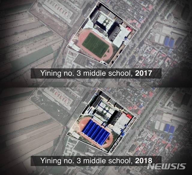 【서울=뉴시스】김난영 기자 = BBC가 24일(현지시간) 공개한 신장위구르지역 이닝현 제3중학교의 2017년과 2018년 비교 사진. (사진=BBC캡쳐) 2018.10.24.