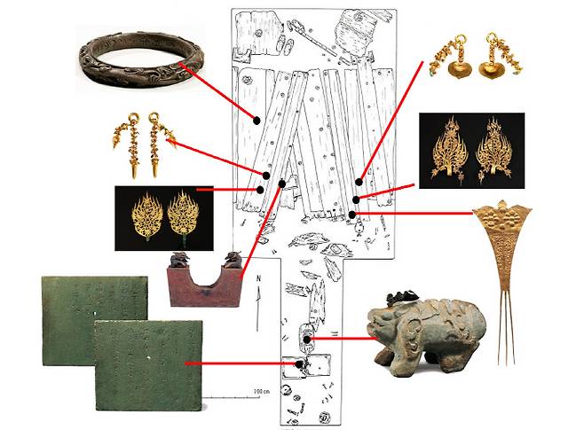 （왼쪽위부터 반시계방향으로）1 무령왕비 은팔찌 한 쌍 2 무령왕비 금귀걸이 3 무령왕비 금제관식 4 무령왕비 베개 5 무령왕릉 지석 6 무령왕릉 석수 7 무령왕 금제 뒤꽂이 8 무령왕 금제관식 9 무령왕 금귀걸이