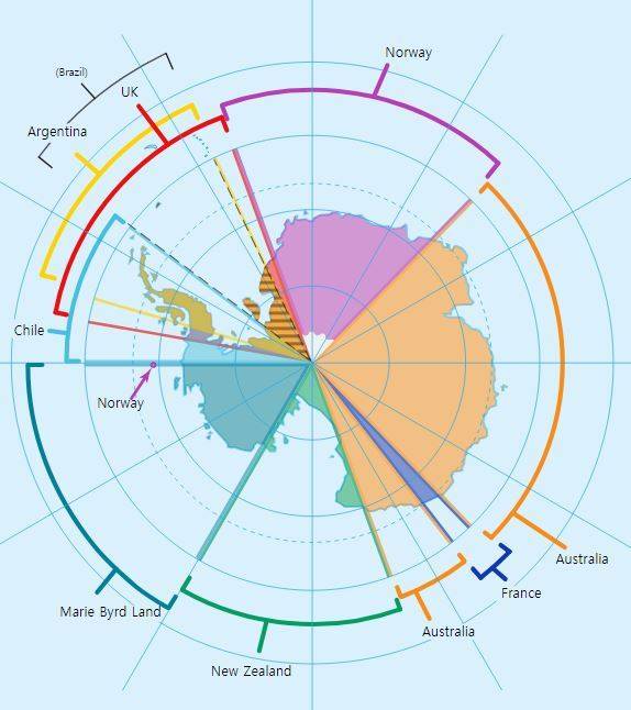 남극조약 체결 전, 7개 국가가 주장하는 영토 범위 /위키피디아 캡처