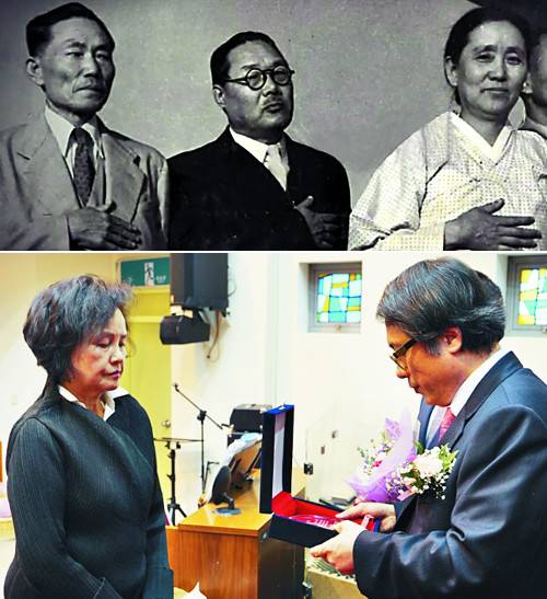 독립운동가였던 박현숙(오른쪽)은 정부 수립 후 장관·국회의원 등을 역임한다. 가운데 인물은 평양 남산현교회 목사이자 월남 후 제헌의원, 국무총리 서리 등을 지낸 이윤영 목사다. 어느 행사장에서 태극기에 대한 의례 자세다(위 사진). 2016년 박현숙 장로의 손녀 김덕신 권사(남산교회·왼쪽)가 갈릴리교회 김영복 목사로부터 감사패를 받는 모습.