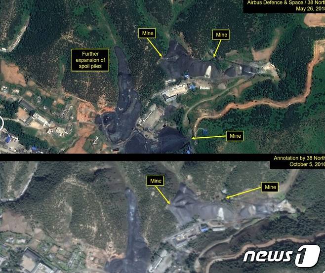 북한 황해북도 평산 우라늄 광산 시설을 관측한 위성 사진. 위는 2018년 5월, 아래는 2016년 10월 찍힌 사진이다. (출처=38노스 갈무리) © News1