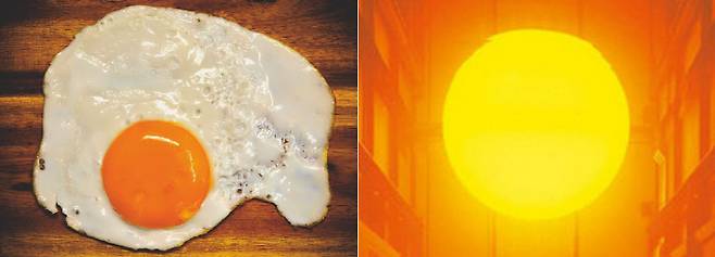 템페라에 쓰이는 달걀 노른자(왼쪽 사진)와 올라퍼 엘리아슨의 작품 ‘날씨 프로젝트’의 인공태양(오른쪽)의 전구는 노란색이지만 재료는 완전히 다르다. 하지만 원자라는 점에서 보면 서로 다르지 않다.