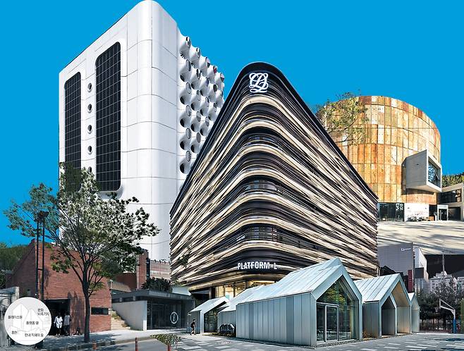 서울엔 하루 16개꼴로 건물이 들어선다. 최근 3년간 지어진 건물 중 건축가들이 대표 건물로 꼽은 작품들. 왼쪽부터 시계 방향으로 북촌 마을 안내소 ‘홍현’, 삼성동 ‘플레이스원’, 논현동 ‘플랫폼 엘’, 성산동 ‘문화비축기지’, 월계동 ‘한내 지혜의 숲’./김재윤·김용관·남궁선·황효철