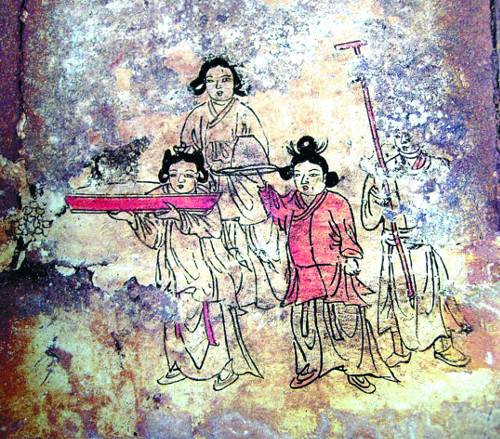 경남 밀양에 있는 고려 후기 문신 박익(1332~1398)의 묘 벽화에는 남녀가 골고루 그려져 있다. 남자는 단령포에 가죽 장화를 신었다. 여자는 저고리와 치마에 화식관(花飾冠)을 썼다. 고려인의 옷과 장식은 화려하지 않다. 문화재청 제공