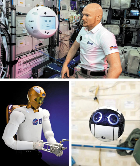 국제우주정거장에서 지난 15일 첫 임무를 수행한 AI 로봇 ‘사이먼’이 우주비행사 알렉산더 게르스트와 대화를 나누고 있다(사진 위). 2011년 우주정거장으로 보낸 휴머노이드 ‘로보넛2(사진 아래 왼쪽)’와 지난해 6월 우주정거장에서 영상 촬영 임무를 수행한 드론 로봇 ‘인트볼’(사진 아래 오른쪽). /NASA·JAXA