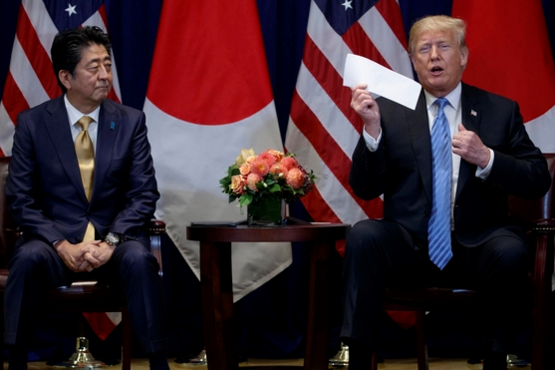 아베 신조 총리와 도널드 트럼프 대통령이 정상회담 후 기자회견을 하고 있다. /조선DB