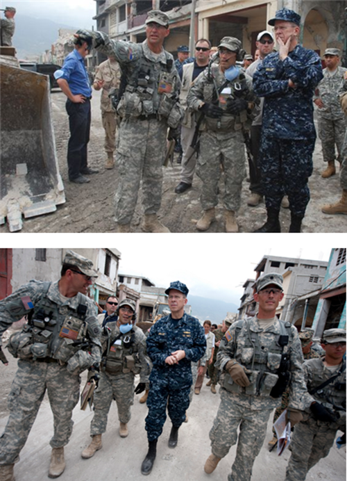 일본(상)과 아이티(하)의 민군작전 현장을 돌아보고 있는 미 합참의장 마이클 멀렌 제독 /출처= @미합참