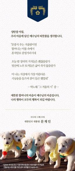 문재인 대통령이 25일 성탄절을 맞아 ‘우리 마음에 담긴 예수님의 따뜻함을 생각합니다’라는 제목의 성탄메시지를 발표했다. 성탄 카드에는 박노해 시인의 ‘그 겨울의 시’와 김정은 북한 국무위원장으로부터 선물받은 풍산개 ‘곰이’의 6마리 새끼가 서광지역아동센터 아이들이 만들어준 목도리를 두르고 있는 사진이 함께 실렸다.청와대 제공 문재인 대통령이 25일 성탄절을 맞아 ‘우리 마음에 담긴 예수님의 따뜻함을 생각합니다’라는 제목의 성탄메시지를 발표했다. 성탄 카드에는 박노해 시인의 ‘그 겨울의 시’와 김정은 북한 국무위원장으로부터 선물받은 풍산개 ‘곰이’의 6마리 새끼가 서광지역아동센터 아이들이 만들어준 목도리를 두르고 있는 사진이 함께 실렸다.청와대 제공