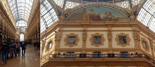 비토리오 에마누엘레2세 갤러리아의 통로. 아치형의 유리천장을 덮은 두 개의 통로가 교차하는 중심에는 유리 돔을 얹었다(좌). 팔각 광장을 이루는 4개의 건물 박공에는 그림이 들어있고, 건물벽에는 기둥마다 조각을 넣었다(우).