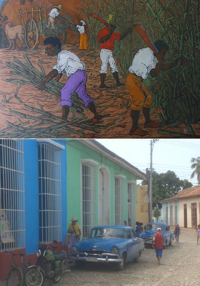 사탕수수 농장에서 채찍을 맞으며 일하고 있는 아프리카 노예들의 모습을 그린 그림. 로스 잉게니오스 계곡 인근에 위치한 노예무역상의 옛 저택에 걸려 있다(위 사진). 사탕수수 생산지의 메카에서 세계적인 관광도시로 변모한 트리니다드.
