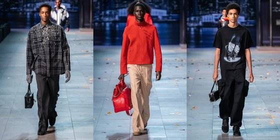 마이클 잭슨을 오마주한 루이비통 남성복 컬렉션. 맨 왼쪽부터 마이클 잭슨의 반짝이 장갑, 노래 'beat it' 뮤직비디오에서 보여준 빨간 재킷, 그의 시그니처라고 할 수 있는 발동작이 새겨진 티셔츠. [사진 루이비통]