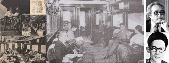 1 일본인을 위한 식민지조선관광 화보집 「반도의근영」 ‘히카리(ひかり’표식의전망차와 식당차가 실려있다. 오른쪽 사진은‘아카쓰키’ 1등 전망차 내부.2 ‘관부여락선’의 이병주와‘합이빈(하얼빈)의 이효석. 사진·중앙포토