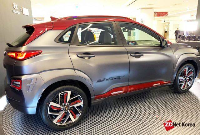 코나 아이언맨 에디션 알로이 휠에는 현대 로고 대신 아이언맨 캐릭터가 새겨졌다. (사진=지디넷코리아)