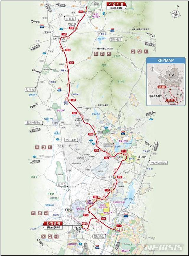 【안양·의왕=뉴시스】 박석희 기자 = 인덕원역과 동탄을 연결하는 인덕원~동탄선 노선도.