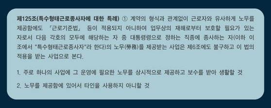 산업재해보상보험법 제125조 제1항. 특수형태근로종사자로부터 노무를 받는 사업은 근로자와 동일하게 산업재해보상보험법을 적용받는다. [제작 유솔]