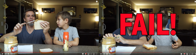 땅콩잼 샌드위치 만들기 유튜브 영상. 124만 조회 수를 자랑한다. “빵 위(on top of bread)에 잼 발라”라는 아이의 지침에 아빠는 위 가장자리에 잼을 바르며 아이를 괴롭힌다. 이렇듯 아이를 고문하는 영상으로도 유명하다.