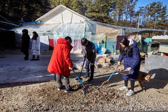 소중 학생기자단이 배우 이용녀 씨를 도와 반려견들의 울타리 안 쉼터를 청소하고 있다.