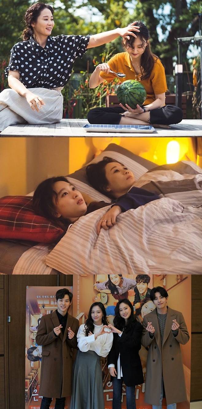 류혜영은 '응답하라 1988'에서 시어머니 역으로 나왔던 김선영과 '은주의 방'에서 모녀 사이로 다시 만났다. 맨 아래 사진은 네 주인공의 모습. 왼쪽부터 윤지온, 박지현, 류혜영, 김재영 (사진=올리브 제공)