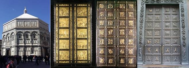 피렌체 대성당 정문 맞은편에 있는 8각형의 성 요한 세례당(좌), 기베르티가 만든 세례당의 동문(가운데 좌)과 세례당 북문(우), 피사노가 만든 세례당 남문(가운데 우) 세례당 문 사진=Wikipedia