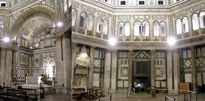 성요한 세례당의 내부. 2층은 통로가 있는 갤러리가 있고, 1층은 통로를 받치는 기둥과 대리석으로 장식한 벽에서는 기하학적 무늬를 볼 수 있다(좌). 세례당의 애프스와 제단(우). 사진=Wikipedia