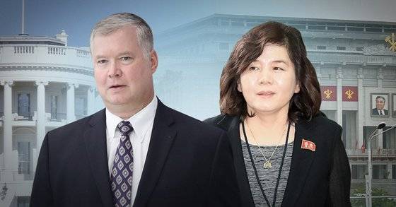 RFA가 비건 미국 국무부 대북정책 특별대표(왼쪽)와 최선희 북한 외무성 부상 간 실무회담이 사실상 무산된 것으로 보인다고 28일 보도했다. [연합뉴스]