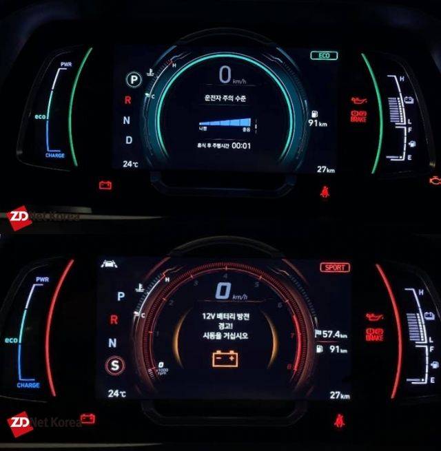 현대차 더 뉴 아이오닉 7인치 클러스터. 에코, 스포츠 모드 설정이 가능하다. (사진=지디넷코리아)