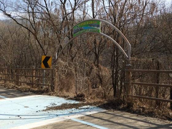 평화의 댐 인근 도로 위에 그어진 생태통로. 한상훈 박사는 이런 곳에 무인 카메라를 설치해 사향노루나 산양 등 야생동물의 분포를 조사해야 한다고 강조했다. 강찬수 기자