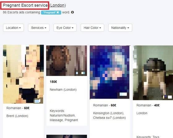 영국의 성매매 알선 사이트는 다양한 카테고리로 여성들을 분류해 놓는데, 피부색이나 머리카락 색을 고를 수 있음은 물론, 임산부에 대한 성적 환상을 가진 성구매자를 위한 'PREGNANT(임신)' 카테고리도 존재한다. [사진 구글]