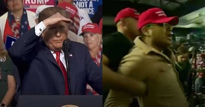 지난11일(현지시간) 미 텍사스주 엘패소에서 열린 트럼프 대통령 연설현장에서 트럼프 지지자(오른쪽)이 BBC 카메라 기자를 폭행해 논란이 일었다. [BBC화면 캡처]