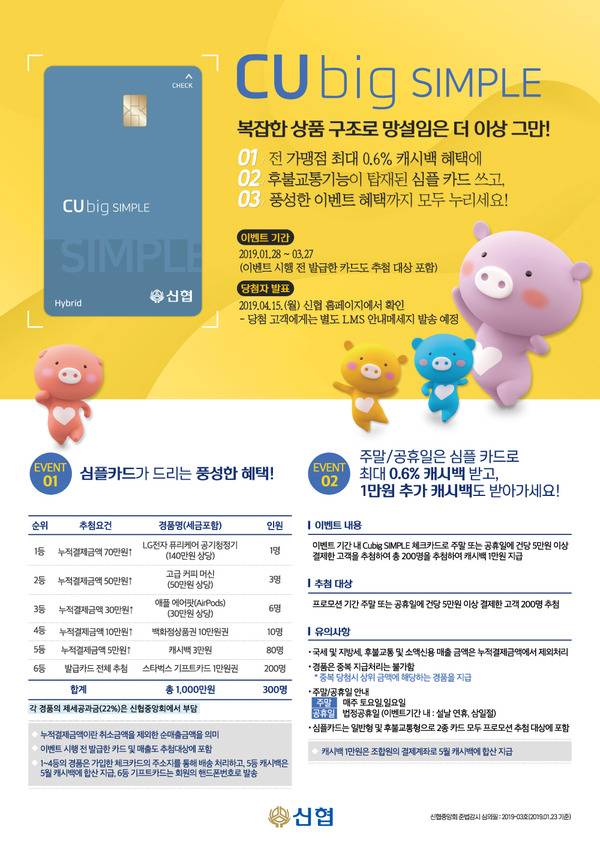 신협, 'CUbig SIMPLE' 체크카드 출시..주말·공휴일 결제 시 최대 0.6% 캐시백