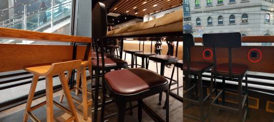 스타벅스 코엑스몰점(좌·가운데) 테이블에 콘센트를 설치하지 않았다. 반면 유동인구가 적은 스타벅스 삼성교점(우)에는 콘센트(빨간색 동그라미)가 설치돼 있다.       김아름 기자