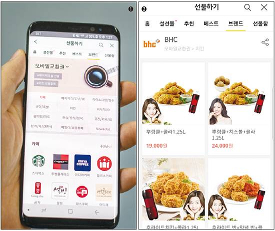 ➊ 카카오가 운영하는 ‘모바일 교환권(기프티콘) 선물하기’가 자영업자 매출의 10%에 달하는 수수료를 취해 ‘폭리’ 논란이 인다. 사진은 카카오톡 선물하기 화면. ➋ 카카오톡 기프티콘의 비싼 수수료 부담 탓에 모든 치킨 프랜차이즈는 마진이 높은 콜라를 끼워팔고 있다. 이는 소비자 선택권을 침해해 결국 소비자 피해로 이어진다.