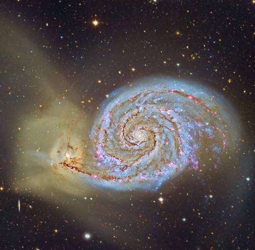 대표적인 충돌 은하인 부자은하, M51.  M51의 나선팔 끝에 동반 은하인 NGC 5195가 있다. NGC 5195는 M51을 스쳐 지나가면서 서로의 인력으로 팔이 연결됐다. 이처럼 이웃 은하들은 가까운 거리를 스쳐 지나가며 상호작용을 주고받는데, 그런 움직임이 은하 회전에 직접적인 영향을 미친다는 관측 증거를 최초로 발견했다. (사진 출처: CAHA, Descubre, DSA, OAUV) [한국천문연구원 제공=연합뉴스]
