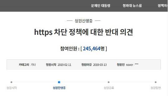 방송통신위원회가 지난 11일 해외 불법사이트 접속을 막기 위해 보안접속(https)을 무력화하는 SNI 필드 차단 방식을 도입하자 반발이 즉각적으로 표출됐다. 청와대 국민청원 게시판에 게재된 ‘http 차단 정책에 대한 반대 의견' 글은 게시 4일 만인 지난 15일 답변 기준인 20만명 이상의 동의를 얻었다. 청와대 국민청원 게시판 웹사이트 캡처