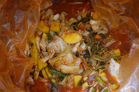 찌개로 끓이기 전의 게국지. 담근 지 한 달 지났다. 늙은 호박도 들어있다.