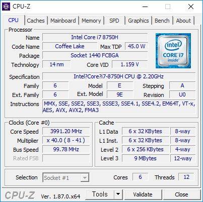 CPU-Z로 확인한 8세대 인텔 코어 i7-8750H의 정보