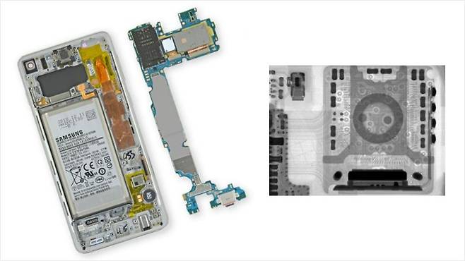 모듈식 마더 보드와 디스플레이 후면 내장 초음파 지문인식 센서 (사진=iFixit)