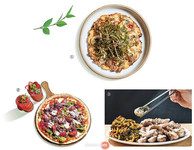 ① 3월 한 달간 맛볼 수 있는 서울 한남동 일호식의 '소고기육전과 냉이달래무침'. ② 서울 익선동 열두달의 딸기 시즌 메뉴 '루꼴라딸기피자'와 '딸기에이드' '딸기딸기생과일주스'. ③ 서울 대치동 오동도의 주꾸미 숙회. 밥알 같은 알이 꽉 찼다. / 이신영 영상미디어 기자